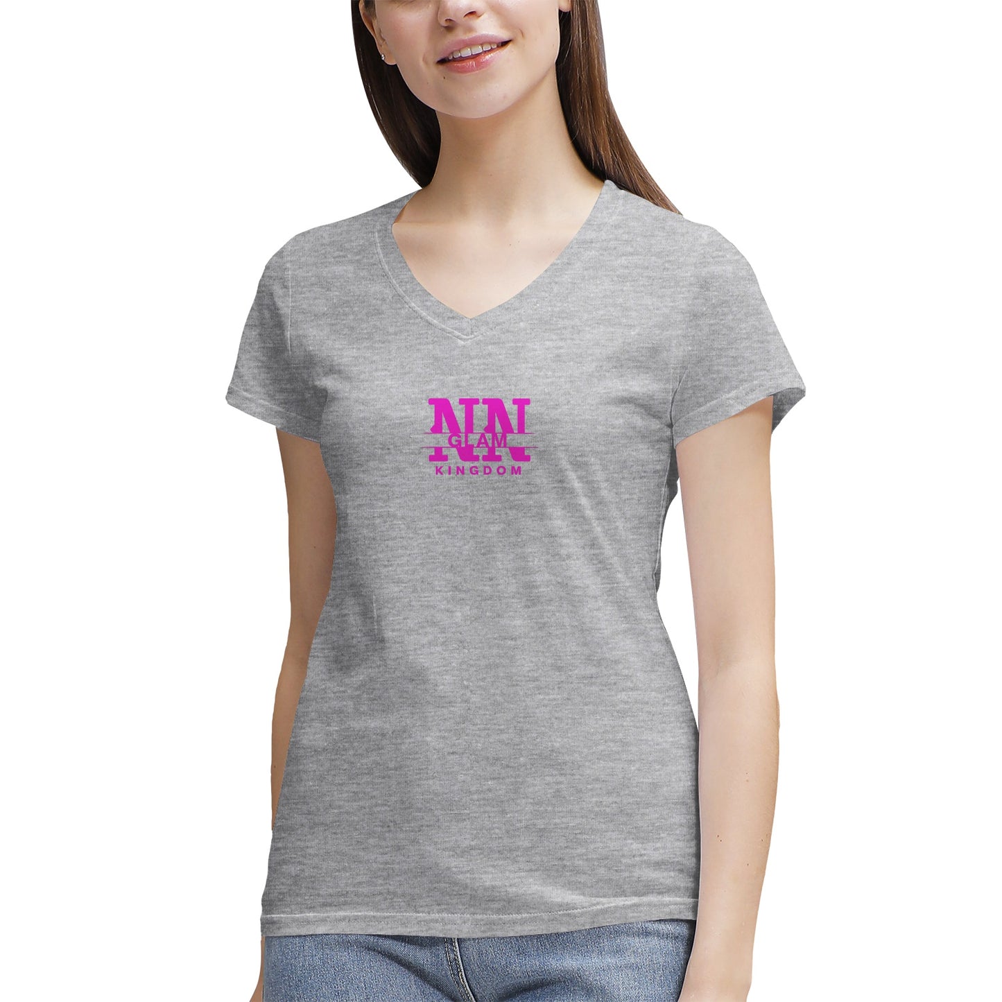 Women's NN Glam Kingdom Pink Logo V-Neck T-Shirt Page title: