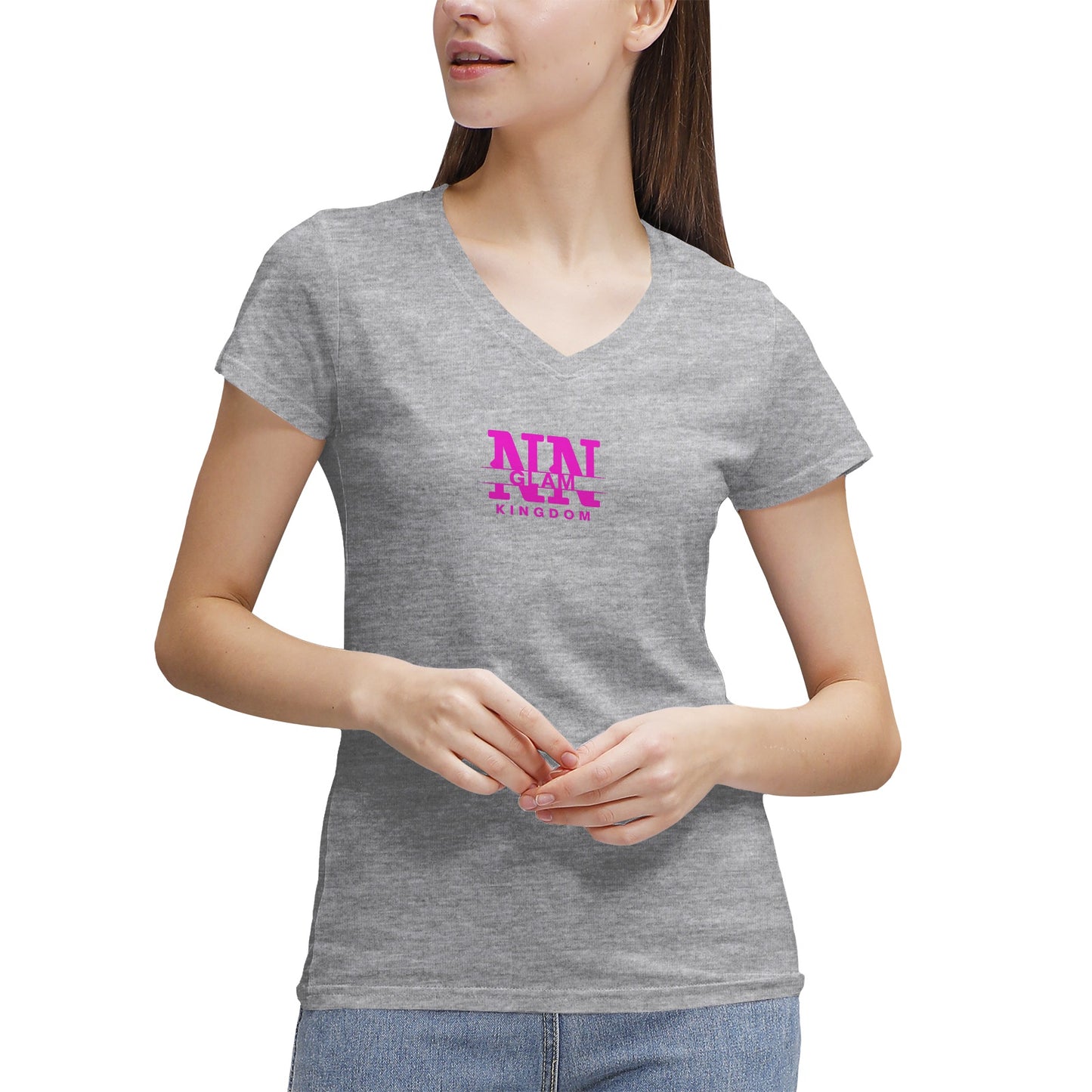 Women's NN Glam Kingdom Pink Logo V-Neck T-Shirt Page title: