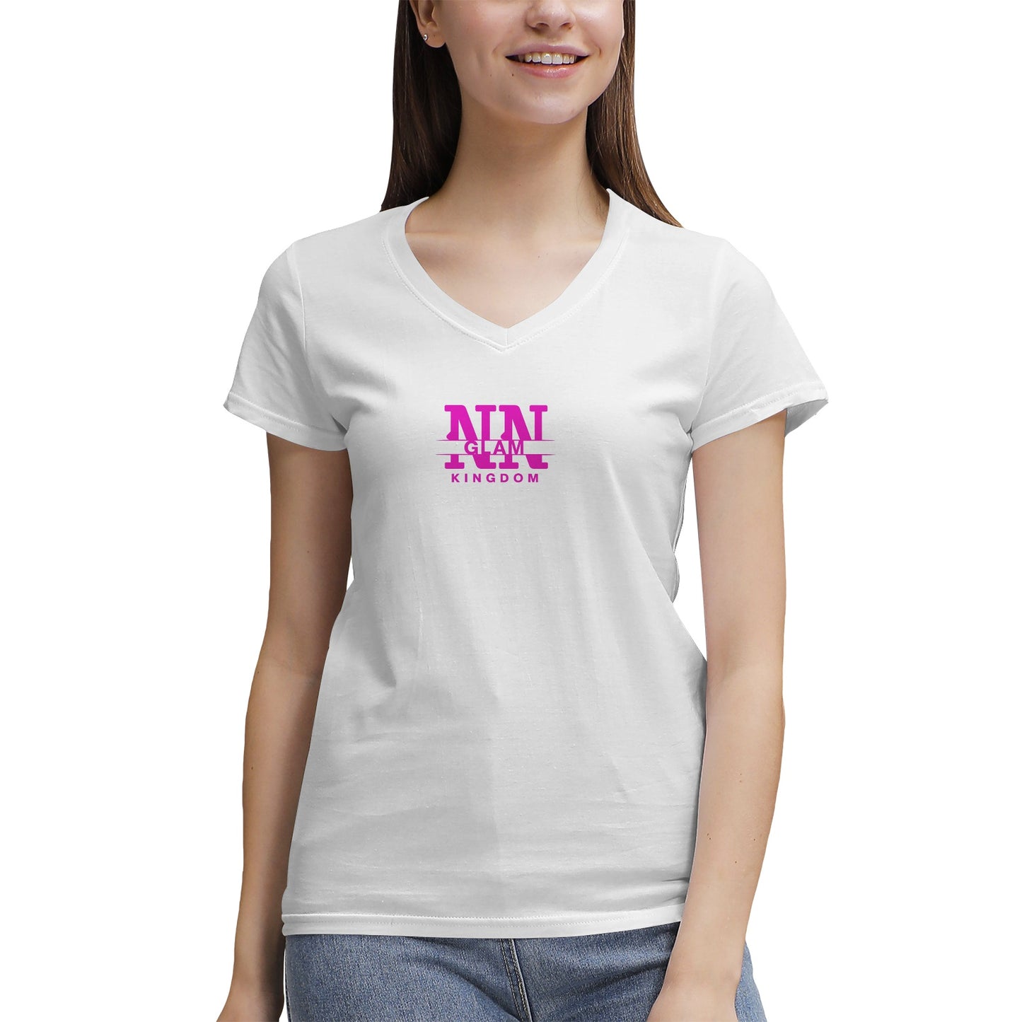 Women's NN Glam Kingdom Pink Logo V-Neck T-Shirt Page title: