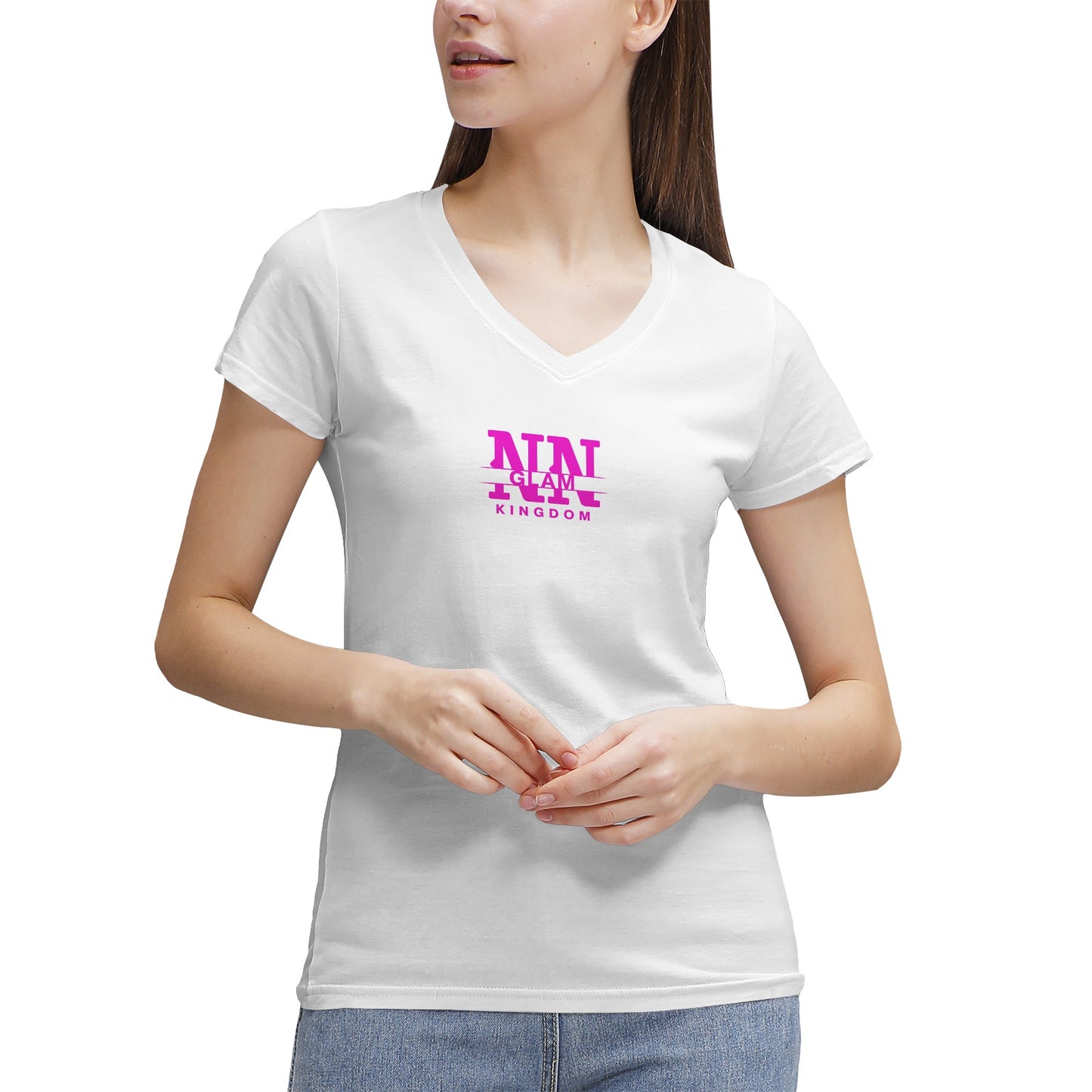 Women's NN Glam Kingdom Pink Logo V-Neck T-Shirt Page title: