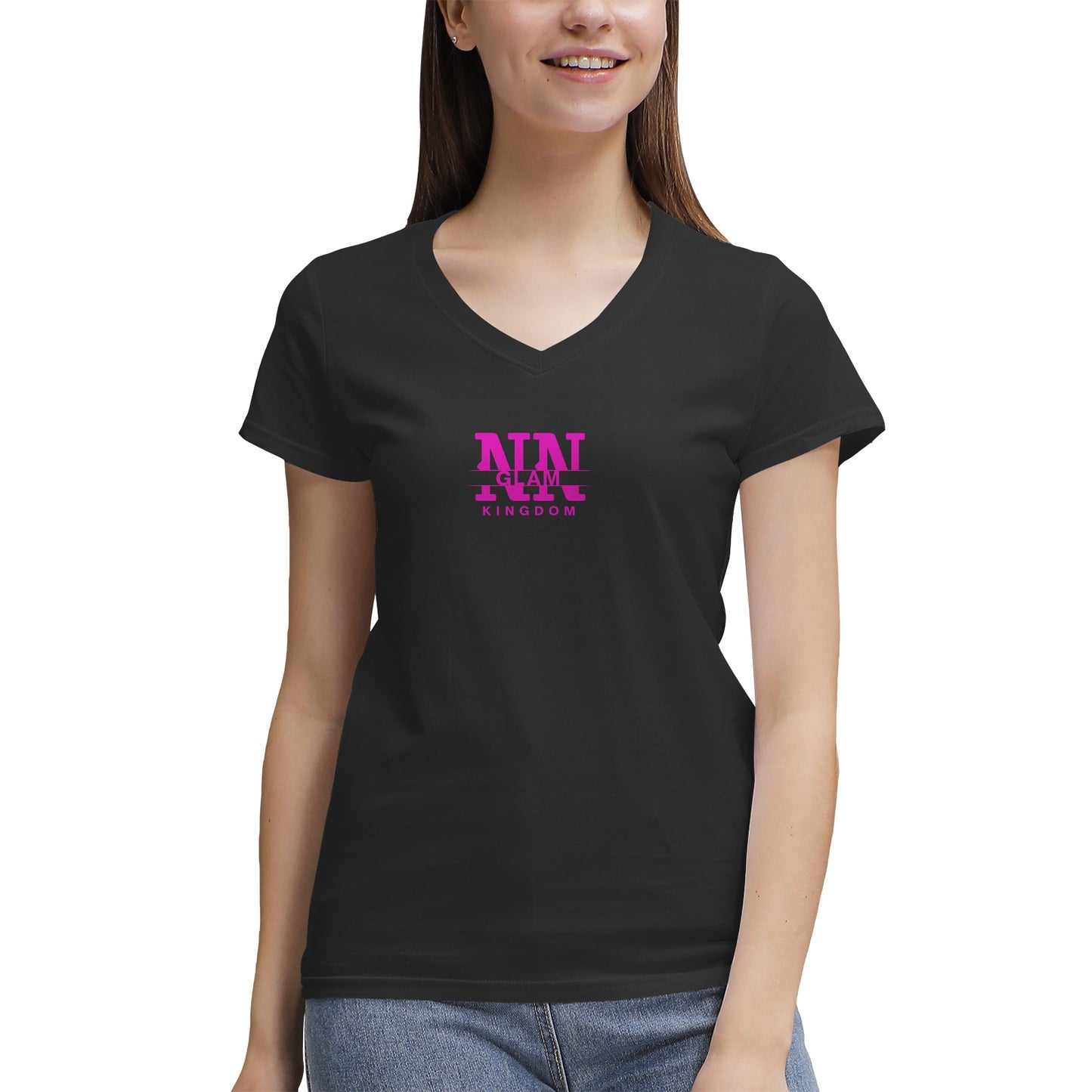 Women's NN Glam Kingdom Pink Logo V-Neck T-Shirt Page title: