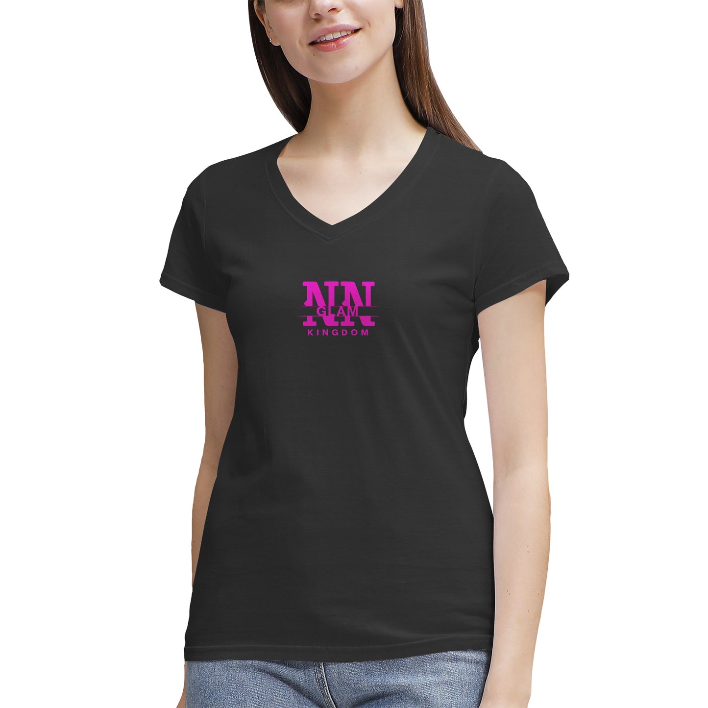 Women's NN Glam Kingdom Pink Logo V-Neck T-Shirt Page title: