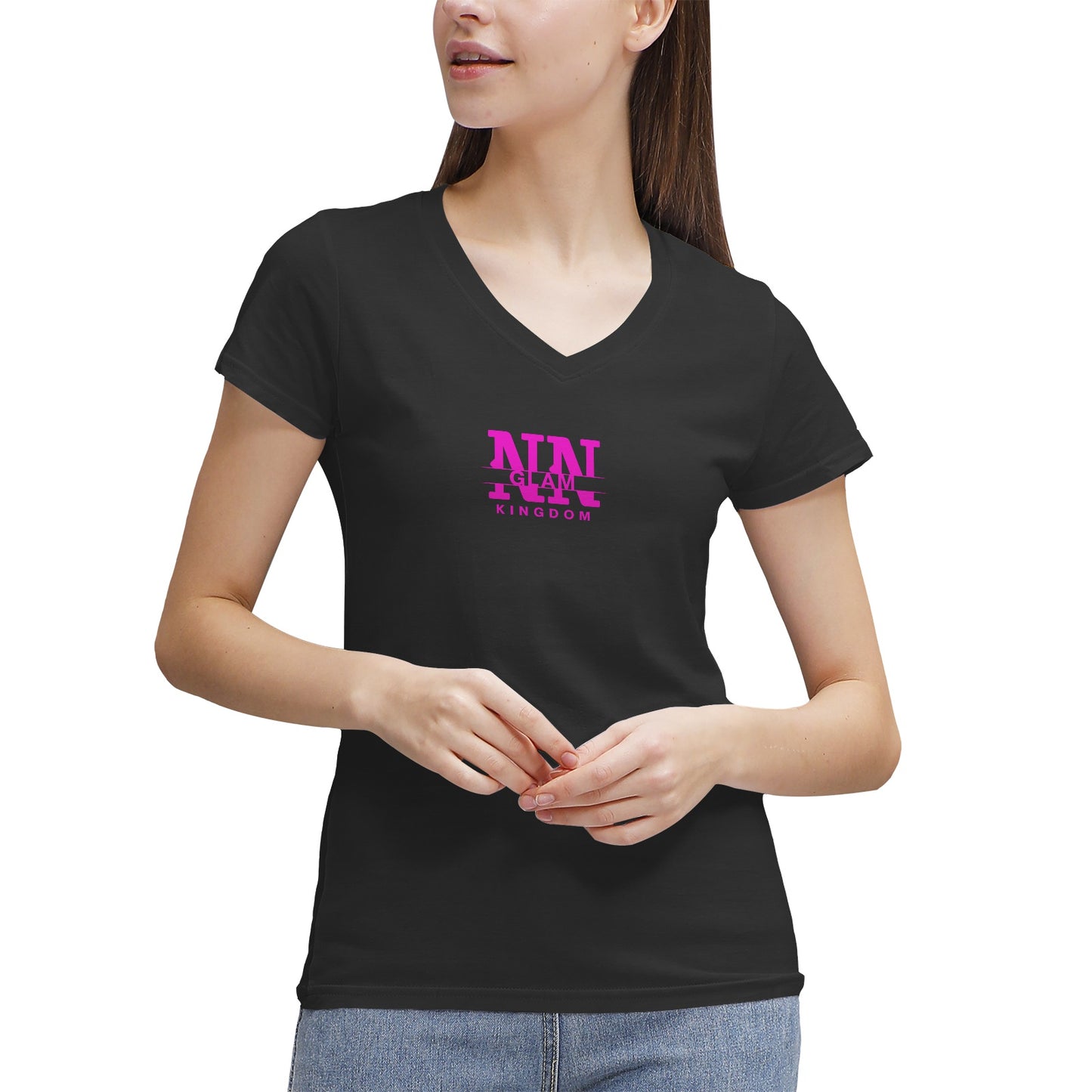 Women's NN Glam Kingdom Pink Logo V-Neck T-Shirt Page title: