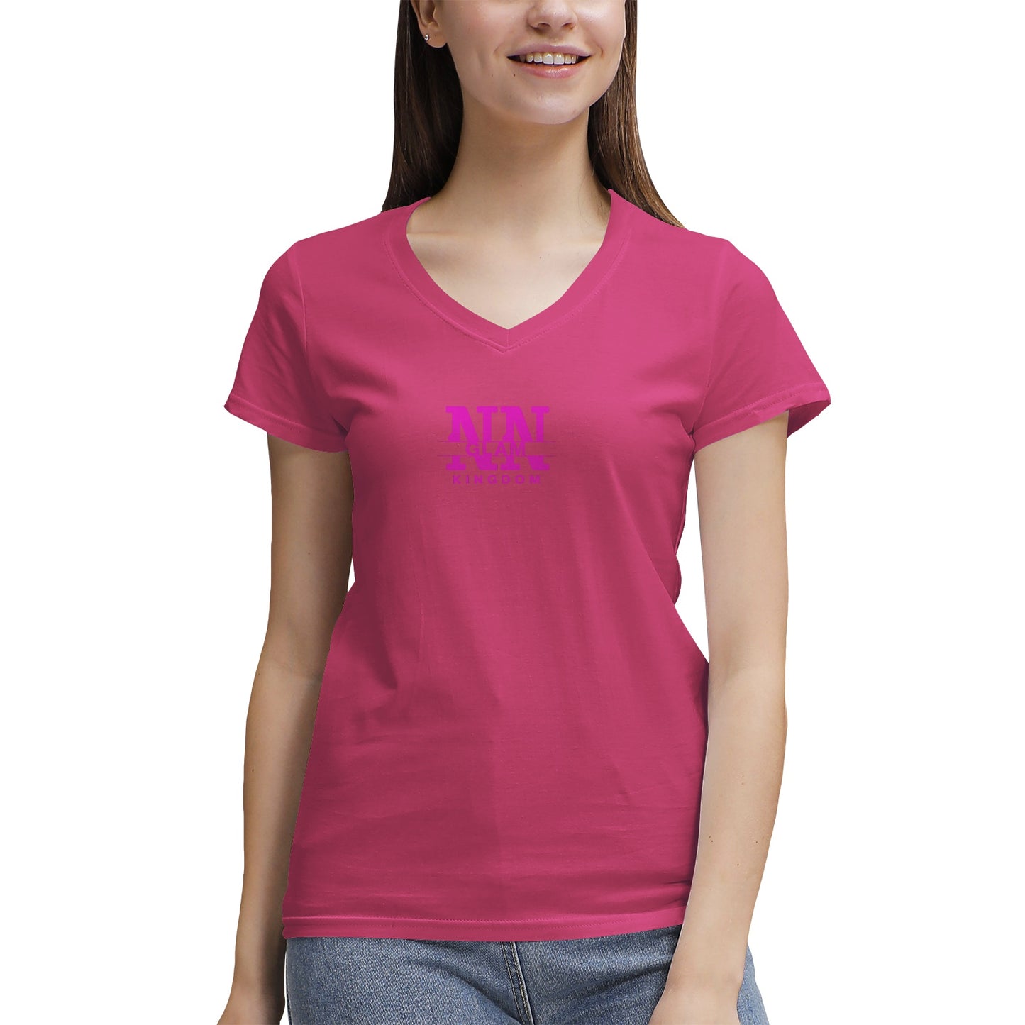 Women's NN Glam Kingdom Pink Logo V-Neck T-Shirt Page title: